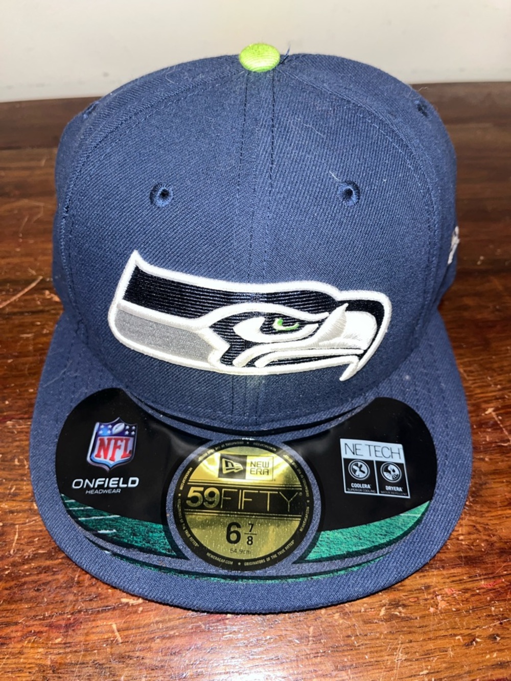 New Era Navy Blue Lime Button Sewn Seattle Seahawks Fitted 6 7/8 B